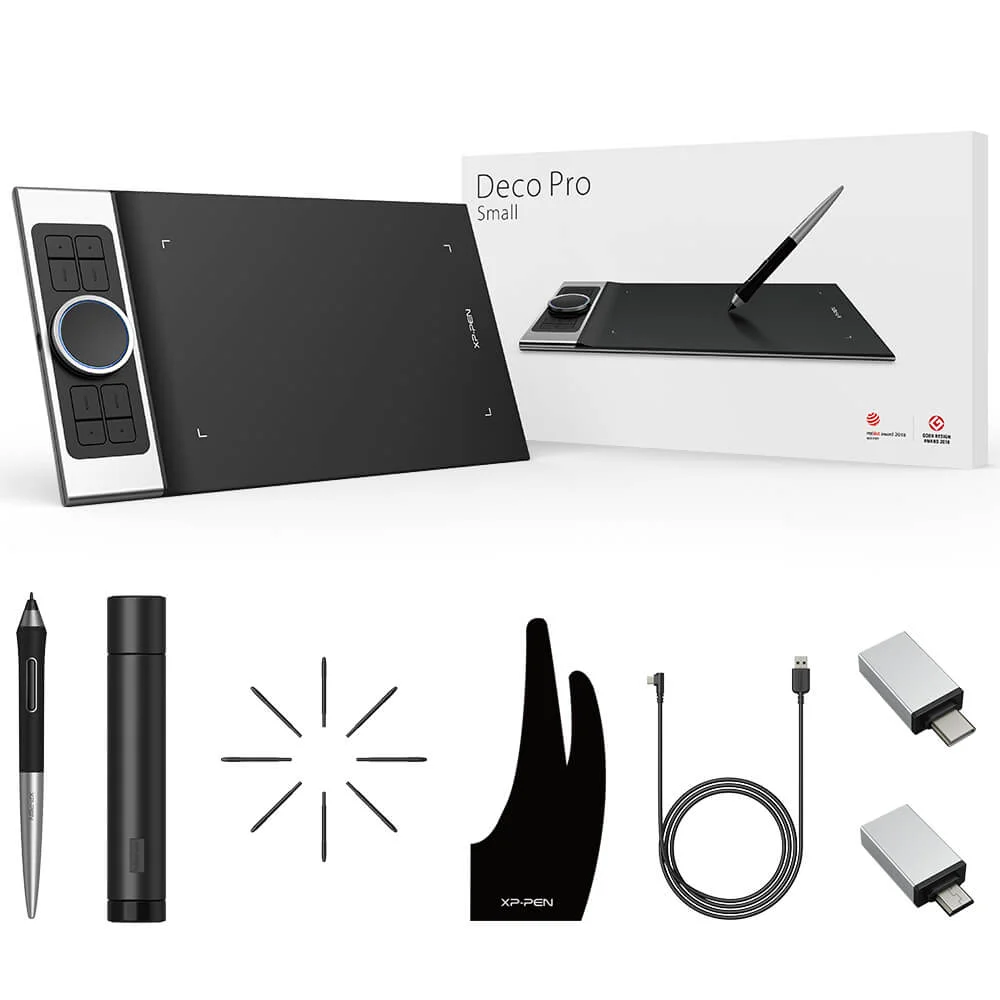 อุปกรณ์ภายในกล่อง XPPen Deco Pro Small ปากกา หัวปากกาสำรอง ถุงมือ และสาย USB-C