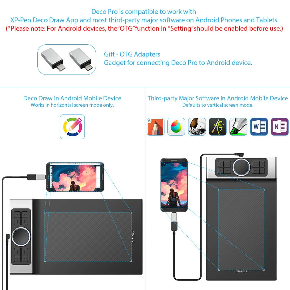 XPPen Deco Pro เชื่อมต่อสมาร์ทโฟน Android ผ่าน OTG ใช้งานกับแอป Deco Draw ได้