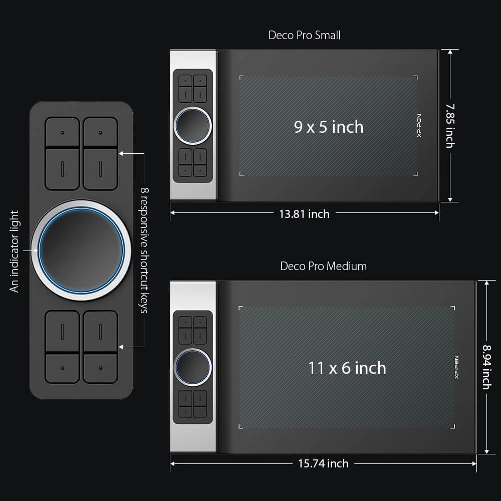 เปรียบเทียบขนาดพื้นที่ใช้งาน XPPen Deco Pro Small 9x5 นิ้ว กับรุ่น Medium 11x6 นิ้ว
