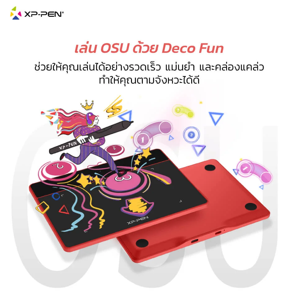 XPPen Deco Fun XS สีแดงใช้เล่นเกม OSU ตอบสนองรวดเร็วแม่นยำ