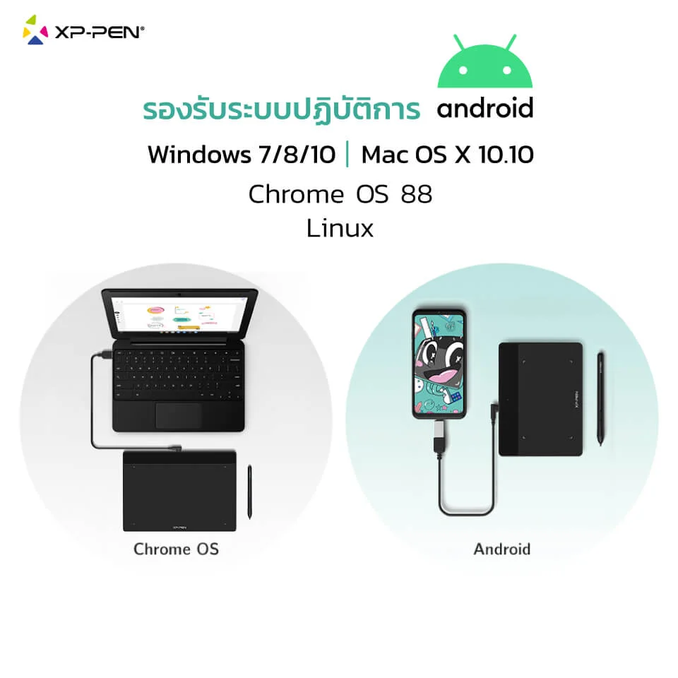 XPPen Deco Fun XS เชื่อมต่อกับโน้ตบุ๊ก Chrome OS และสมาร์ทโฟน Android