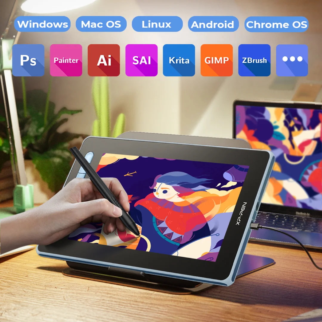 วาดภาพบน XPPen Artist 13 2nd Gen เชื่อมต่อกับโน้ตบุ๊ก MacBook Air บนโต๊ะทำงาน