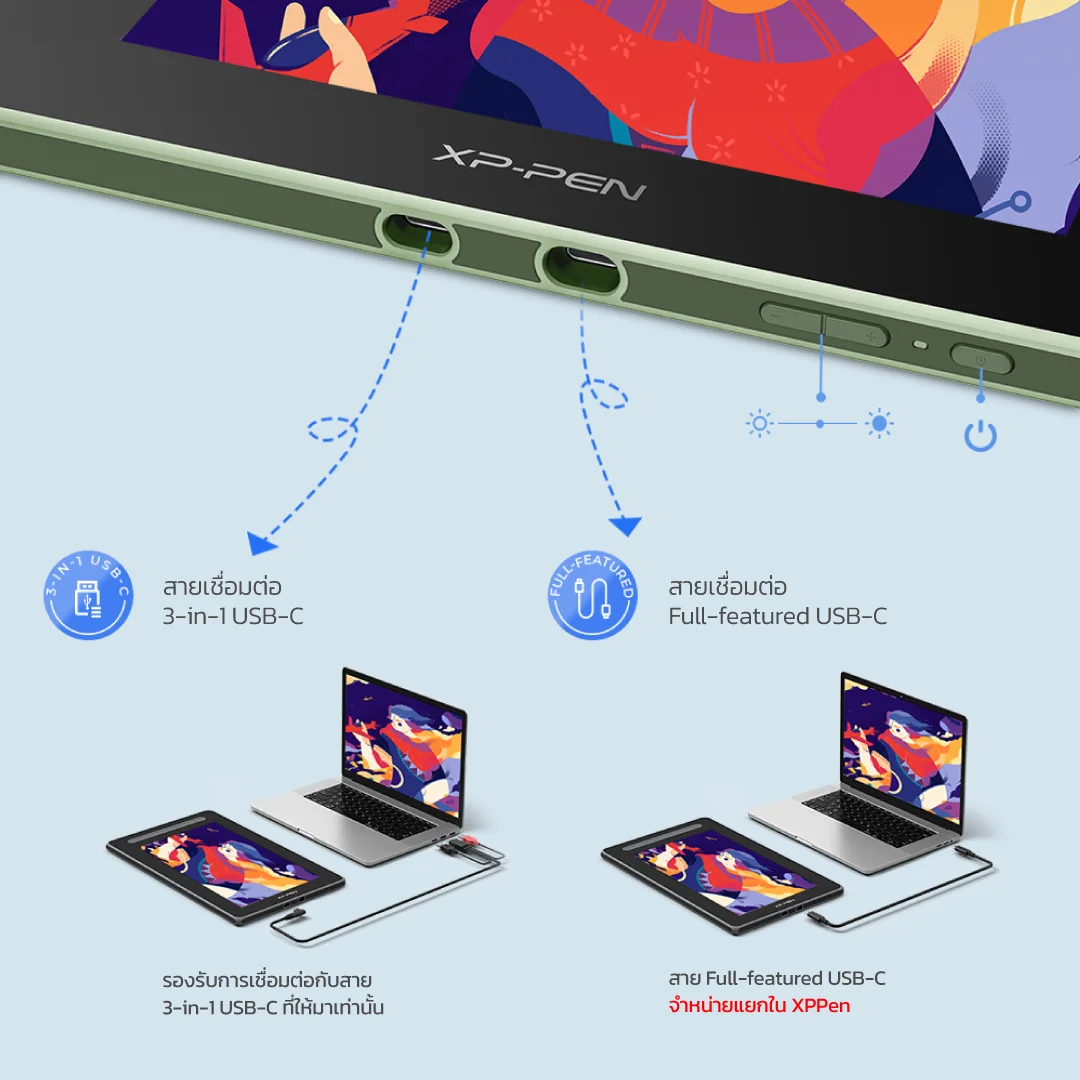 พอร์ต USB-C ของ XPPen Artist 13 2nd Gen แบบ 3-in-1 และ Full-featured เชื่อมต่อโน้ตบุ๊ก