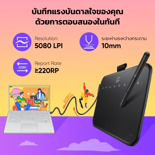 สเปกแท็บเล็ต XPPen Deco 640 ความละเอียด 5080 LPI รายงานผลตอบสนอง 220RPS ระยะห่างตรวจจับปากกา 10 มม.