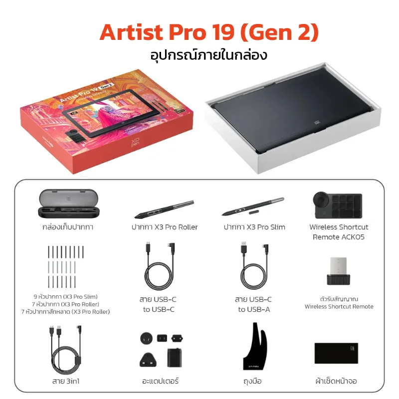 อุปกรณ์ภายในกล่อง XPPen Artist Pro 19 Gen 2 ประกอบด้วยจอวาดภาพ ปากกา X3 Pro Roller และ Slim หัวปากกาสำรอง รีโมท ACK05 สาย USB-C อะแดปเตอร์ ถุงมือ และผ้าเช็ดหน้าจอ