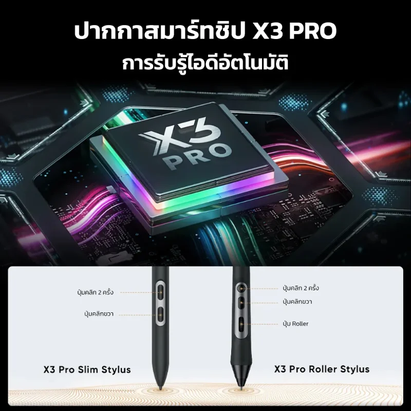 ปากกาสไตลัสสมาร์ทชิป X3 Pro ของ XPPen Artist Pro 19 Gen 2 รุ่น Slim และ Roller Stylus พร้อมปุ่มคลิกและปุ่ม Roller ปรับแต่งได้