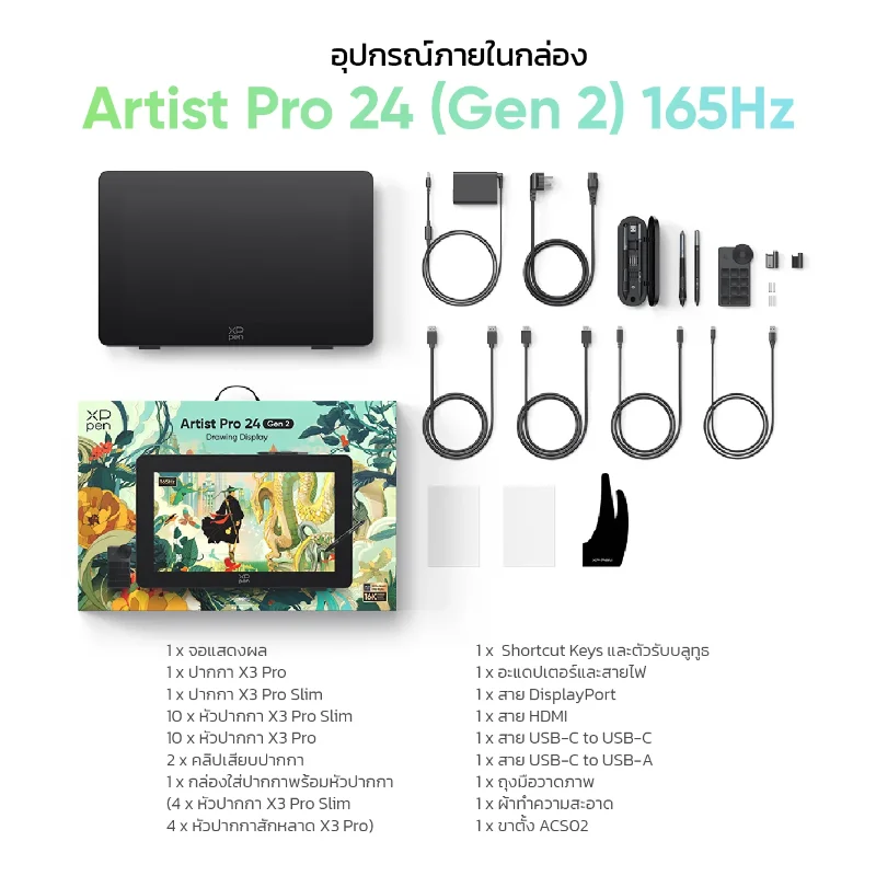 อุปกรณ์ภายในกล่อง XPPen Artist Pro 24 Gen 2 165Hz ประกอบด้วยจอวาดภาพ ปากกา และอุปกรณ์เสริม